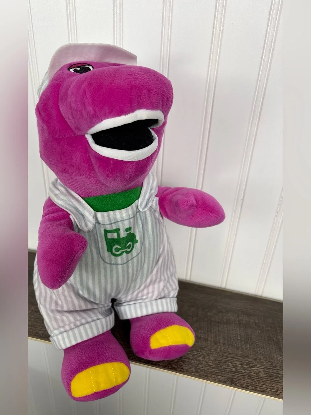 Fisher-Price Barney Train Conductor Plush Toy Stripe Overalls Barney & Friends - Picture 2 of 6